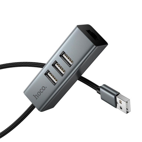 Перехідник HOCO 4-in-1 converter (USB to USB2.0*3+RJ45) HB1D |1m, 480Mbps| metal-grey