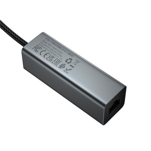 Перехідник HOCO 4-in-1 converter (USB to USB2.0*3+RJ45) HB1D |1m, 480Mbps| metal-grey