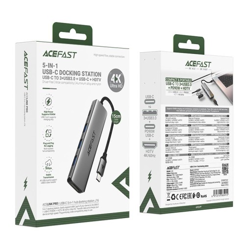 HUB адаптер ACEFAST USB-C 5-in-1 HUB docking station J16 |0.15m, 4K, PD90W, 5Gbps| grey