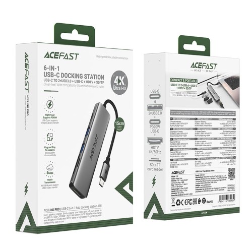 HUB адаптер ACEFAST USB-C 6-in-1 HUB docking station J18  |0.15m, 4K, PD90W, 5Gbps| grey