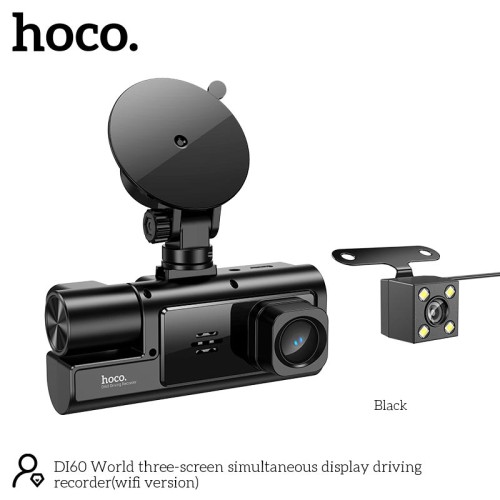Відеорегістратор HOCO DI60 World three-screen simultaneous display driving recorder (wifi version) |720p front/480p rear/480p inner| black