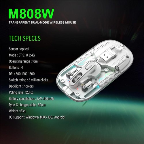 Миша MARVO Wireless Mouse M808W |2.4G/BT5.1, 1000-1600dpi| transparent