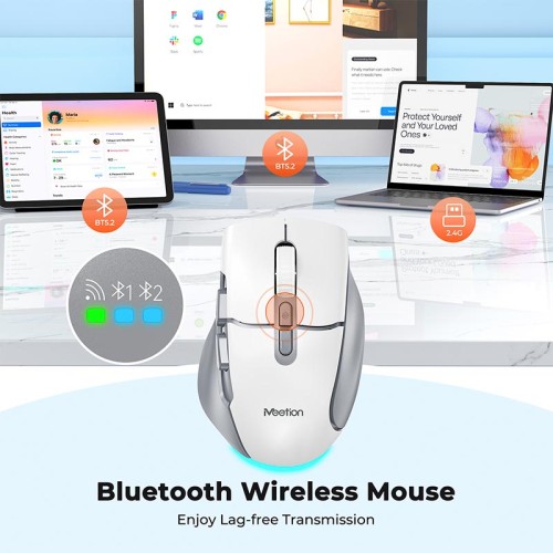 Миша MEETION 2.4G+Bluetooth wireless gaming mouse BTM001 |800-1200-1600-2400dpi, 7keys, 35/140h, Type-C Charging, RGB| white-purple