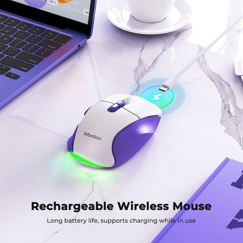 Миша MEETION 2.4G+Bluetooth wireless gaming mouse BTM001 |800-1200-1600-2400dpi, 7keys, 35/140h, Type-C Charging, RGB| white-purple