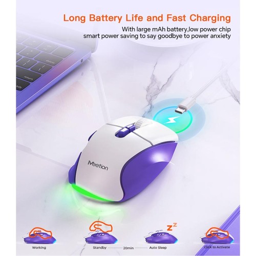 Миша MEETION 2.4G+Bluetooth wireless gaming mouse BTM001 |800-1200-1600-2400dpi, 7keys, 35/140h, Type-C Charging, RGB| white-grey