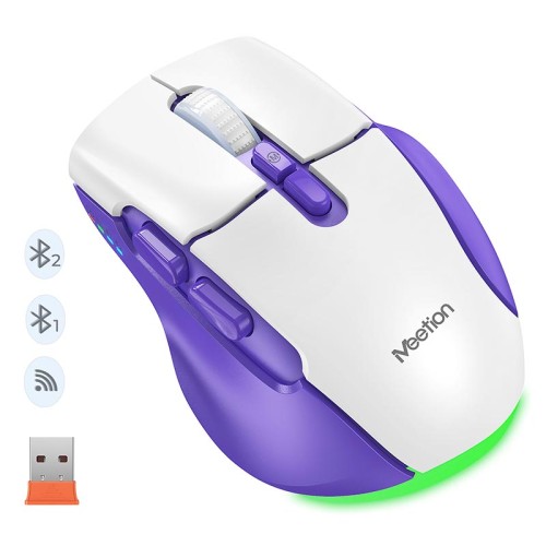 Миша MEETION 2.4G+Bluetooth wireless gaming mouse BTM001 |800-1200-1600-2400dpi, 7keys, 35/140h, Type-C Charging, RGB| white-grey