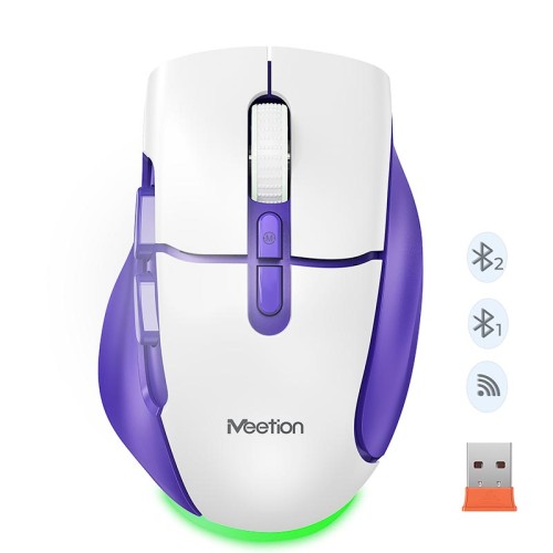 Миша MEETION 2.4G+Bluetooth wireless gaming mouse BTM001 |800-1200-1600-2400dpi, 7keys, 35/140h, Type-C Charging, RGB| white-grey