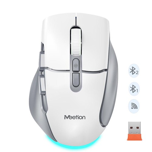 Миша MEETION 2.4G+Bluetooth wireless gaming mouse BTM001 |800-1200-1600-2400dpi, 7keys, 35/140h, Type-C Charging, RGB| white-grey