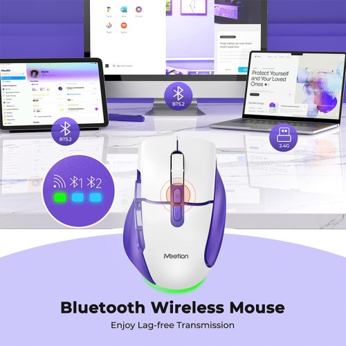 Миша MEETION 2.4G+Bluetooth wireless gaming mouse BTM001 |800-1200-1600-2400dpi, 7keys, 35/140h, Type-C Charging, RGB| white-grey