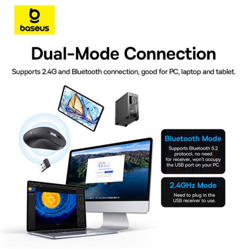 Миша Baseus F02 Ergonomic Wireless Mouse |2.4G/BT5.2| (without Battery) black