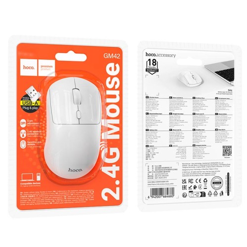 Mиша HOCO Platino wireless mouse GM42 |2.4G, 800/1200/1600 DPI| white