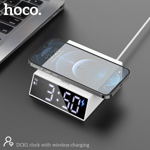 Настільні LED смарт-годинник with Qi Charger HOCO DCK1 |Alarm/Watch/Qi Charger, 10W| white