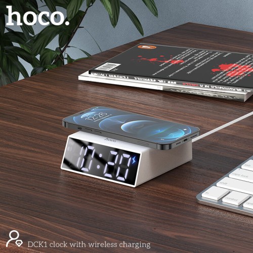 Настільні LED смарт-годинник with Qi Charger HOCO DCK1 |Alarm/Watch/Qi Charger, 10W| white