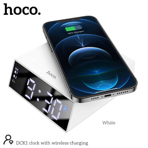 Настільні LED смарт-годинник with Qi Charger HOCO DCK1 |Alarm/Watch/Qi Charger, 10W| white