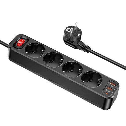 Подовжувач мережевий HOCO Aura 4-bit extension cable socket fast charge NS1 |2USB/1Type-C, 4Sockets, 4000W, 20W/3A, PD/QC, 1.8m| white