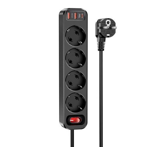 Подовжувач мережевий HOCO Aura 4-bit extension cable socket fast charge NS1 |2USB/1Type-C, 4Sockets, 4000W, 20W/3A, PD/QC, 1.8m| black