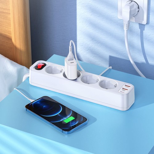 Подовжувач мережевий HOCO Aura 4-bit extension cable socket fast charge NS1 |2USB/1Type-C, 4Sockets, 4000W, 20W/3A, PD/QC, 1.8m| black