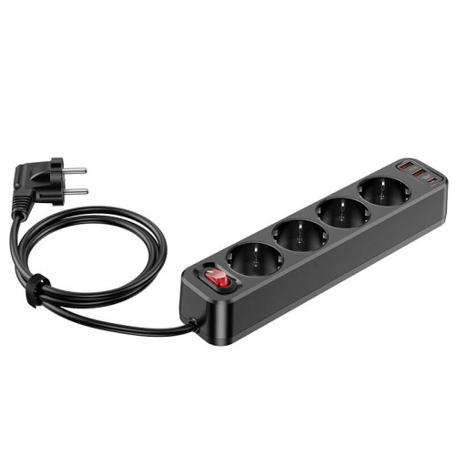 Подовжувач мережевий HOCO Aura 4-bit extension cable socket fast charge NS1 |2USB/1Type-C, 4Sockets, 4000W, 20W/3A, PD/QC, 1.8m| black