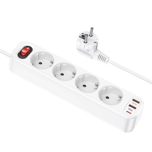 Подовжувач мережевий HOCO Aura 4-bit extension cable socket fast charge NS1 |2USB/1Type-C, 4Sockets, 4000W, 20W/3A, PD/QC, 1.8m| black