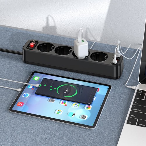 Подовжувач мережевий HOCO Aura 4-bit extension cable socket fast charge NS1 |2USB/1Type-C, 4Sockets, 4000W, 20W/3A, PD/QC, 1.8m| black