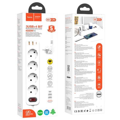 Подовжувач мережевий HOCO Aura 4-bit extension cable socket fast charge NS1 |2USB/1Type-C, 4Sockets, 4000W, 20W/3A, PD/QC, 1.8m| black