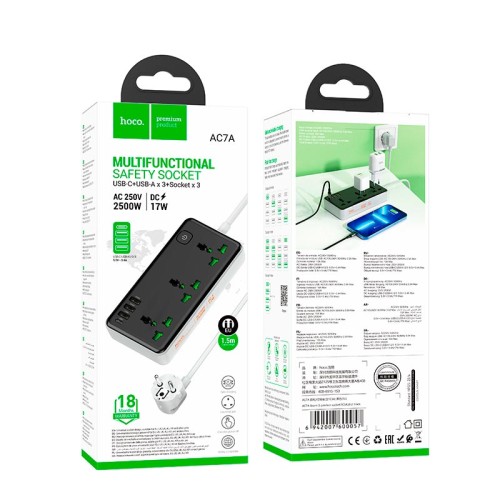 Подовжувач мережевий HOCO Storm 3-position socket AC7A |3USB/1Type-C, 3.4A/17W| black