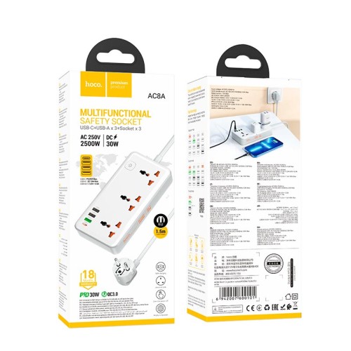 Подовжувач мережевий HOCO Storm 3-position socket AC8A |3USB/1Type-C, PD/QC, 3A/30W| black