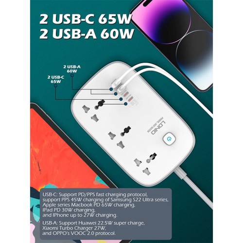 Подовжувач мережевий Ldnio SC3416 |2USB/2Type-C, 3Sockets. QC/PD, 65W/5A, 2m  EU Plug| white