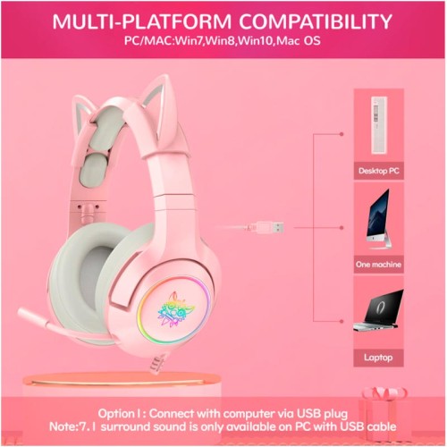 Навушники ONIKUMA Gaming CAT with LED K9 7.1 pink