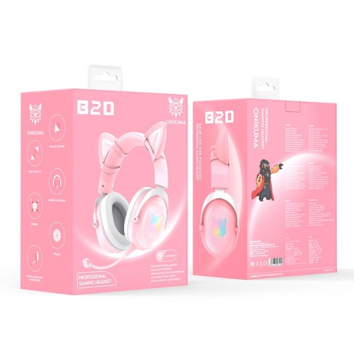 Навушники ONIKUMA Bluetooth Gaming CAT with LED B100 (B20) |BT5.0, 15-22h| pink