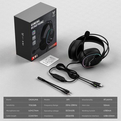 Навушники Onikuma wired gaming headphones X91 |3.5mm+USB, RGB| black