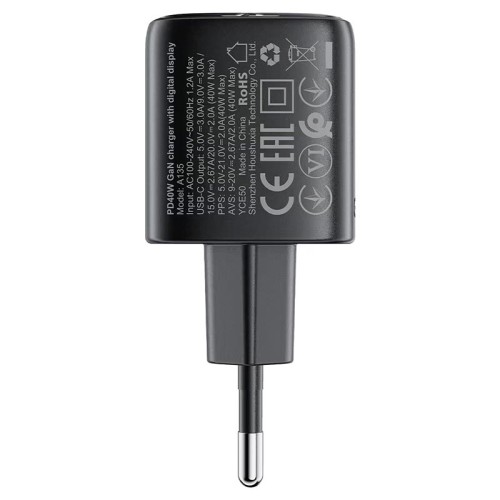 Адаптер мережевий AceFast GaN charger USB-C with digital display A135 |1Type-C, 40W/3A, PD/QC| black