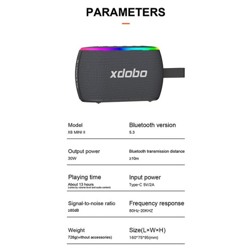 Акустика Xdobo X8 Mini II IPX6 |BT5.3, 30W, USB/AUX/TF, 13h| black