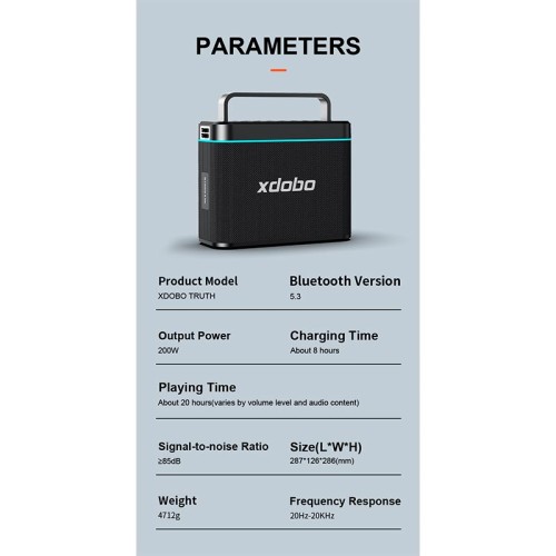 Акустика-караоке Xdobo Truth (with 2 MIC) IPX6 |BT5.3, 200W, AUX/USB/TF, 12h| black