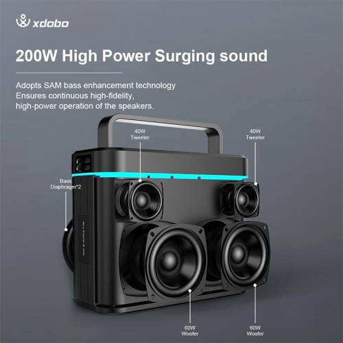 Акустика-караоке Xdobo Truth (with 2 MIC) IPX6 |BT5.3, 200W, AUX/USB/TF, 12h| black