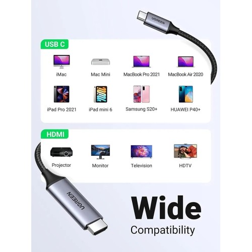 Кабель UGREEN MM142 USB-C to HDMI Male to Male Cable Aluminum Shell 1.5m (Gray Black)(UGR-50570)