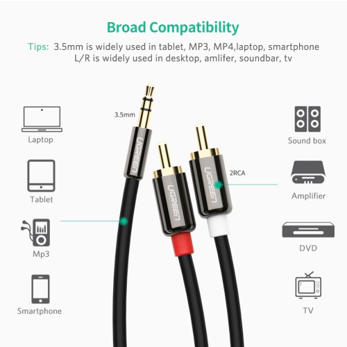 Аудіокабель UGREEN AV116 3.5mm Male to 2RCA Male Cable 2m Black
