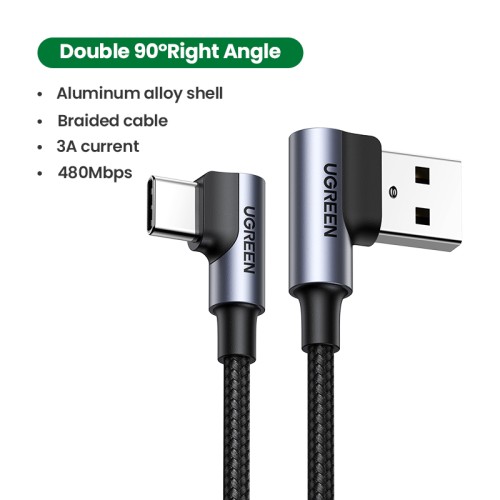 Кабель UGREEN US176 Right Angle USB-A to USB-C Cable 1m (Space Gray)