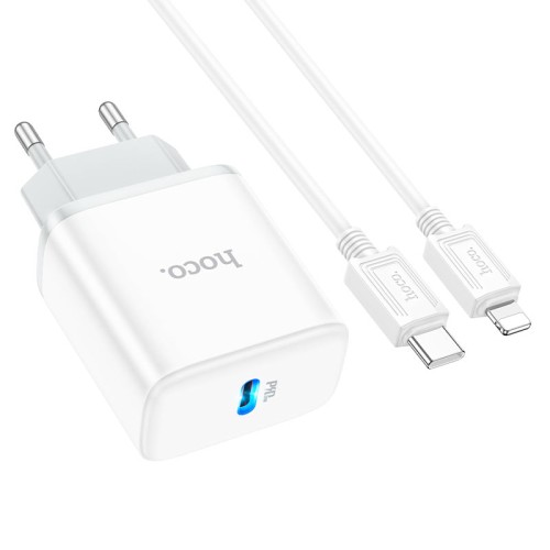 Мережевий зарядний пристрій з кабелем HOCO C104A Stage single port PD20W charger set (C to iP)(EU) White