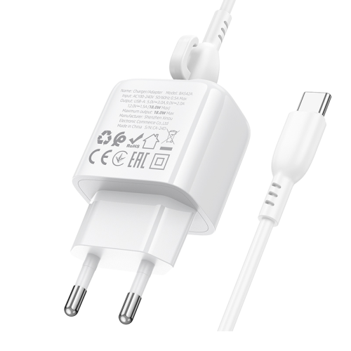 Мережевий зарядний пристрій з кабелем BOROFONE BAS42A Potential single-port QC3.0 charger set(Type-C) 18W White