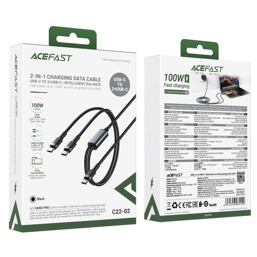 Кабель ACEFAST C22-02 USB-C to 2*USB-C 100W aluminum alloy charging data cable Black