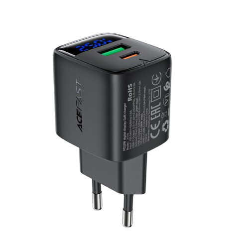 Мережевий зарядний пристрій ACEFAST A114 PD25W GaN charger (USB-A+USB-C) with digital display Black