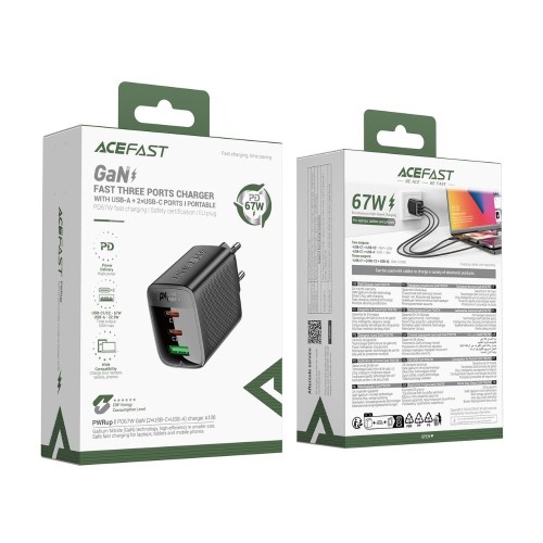 Мережевий зарядний пристрій ACEFAST A108 PD67W GaN (2*USB-C+USB-A) charger Black