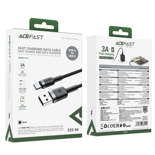 Кабель ACEFAST C22-04, USB to Type-C, 3A, 1.2m, Nylon Braid, Aluminum Alloy + TPE connectors, Black