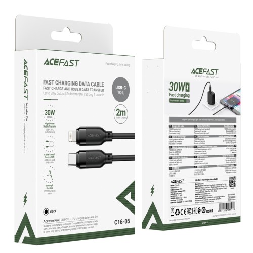 Кабель ACEFAST C16-05, USB to iP, 30W, 2m,TPU, TPU connectors, Black