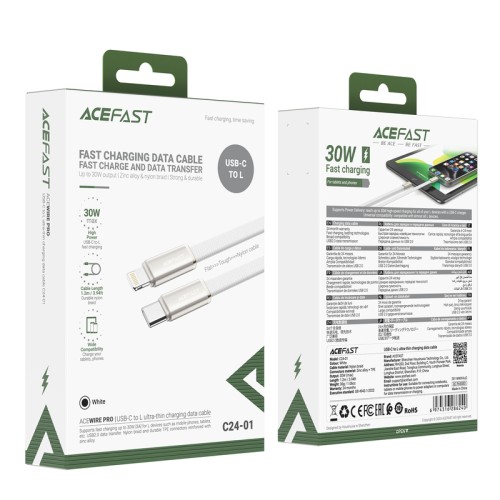 Кабель ACEFAST C24-01, USB to iP, 30W, 1.2m, Braided wire, Zinc alloy + TPE connectors, White