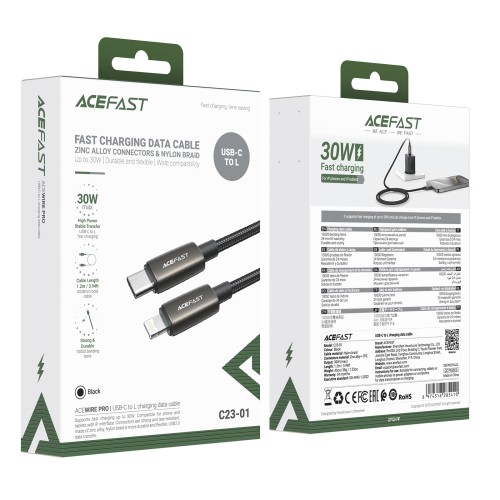 Кабель ACEFAST C23-01, USB to iP, 30W,1.2m, Nylon, Zinc alloy + TPE connectors, Black