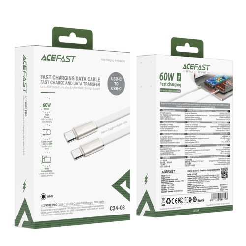 Кабель ACEFAST C24-03, Type-C to Type-C, 60W, 3A, 1.2m, Braided wire, Zinc alloy + TPE connectors, White