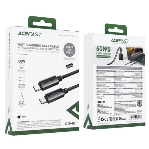Кабель ACEFAST C19-03, Type-C to Type-C, 60W, 1.2m, Nylon Braid, Aluminum Alloy connectors, Black
