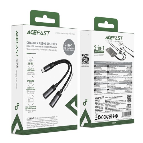 Аудіокабель ACEFAST J14 USB-C 2-in-1 charging audio adapter Black